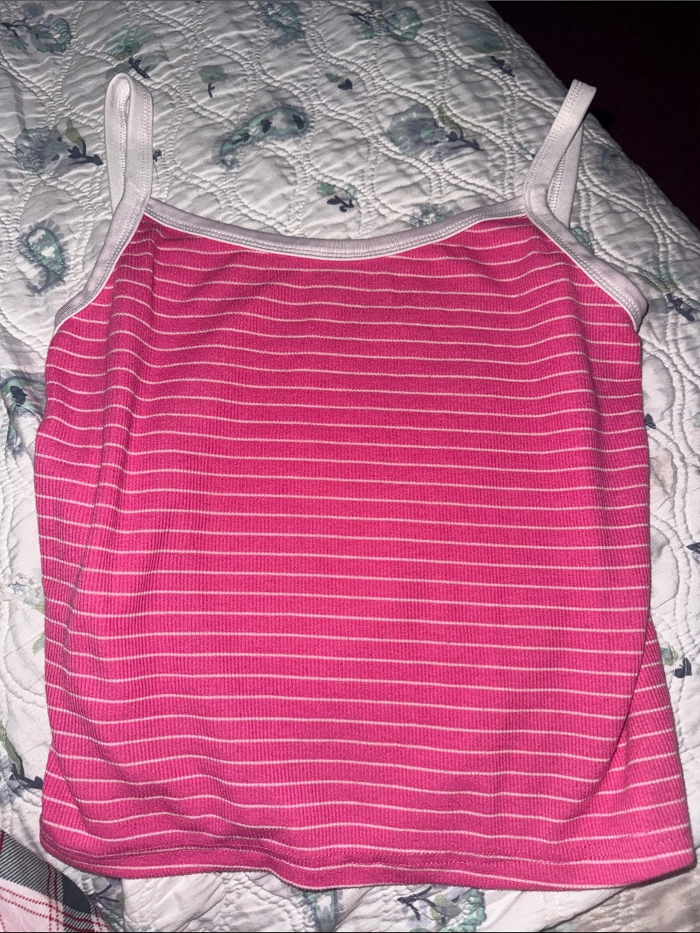 Pink Striped Ribbed Cami Tank with White Trim